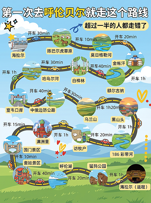 将呼伦贝尔环线地图转换为卡通风格，保留全部地点名称、驾驶时长和路线走向，内容详细清晰