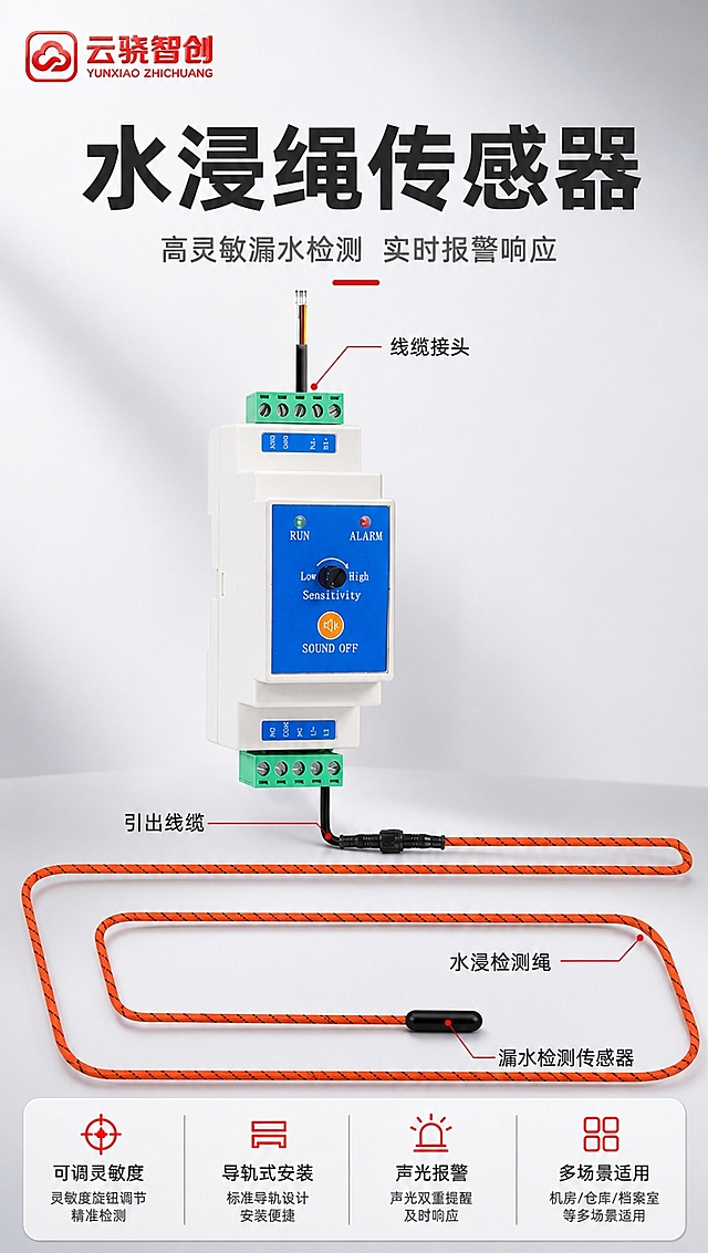 [商品] 使用【图1】水浸绳传感器产品图；保留白色导轨式主机、蓝色面板（含RUN/ALARM指示灯、灵敏度调节旋钮、SOUND OFF按键）、上下绿色接线端子、引出线缆、橙色水浸检测绳的全部结构、颜色、比例和文字标识，设备外观严格保持原图不变，不扭曲、不变形。左上角放置【图2】云骁智创红色LOGO。
[画面] 第1张·专业头图。目标：建立报警行业专业第一印象，产品名称文字优先凸显。构图：竖版9:16，上方约25%区域为标题区（左上LOGO+居中大标题），中部约55%为产品主体展示区，下方约20%为核心参数条。产品主机居中偏上，检测绳沿画面下方自然延展，产品占画面约55%。柔和棚拍光，白底优化为浅灰渐变柔和背景，无空白区域，空白处用产品优势短句填充。
[视觉] 套系策略：风格=报警行业专业克制高级商业风；标题字=现代无衬线粗黑体（思源黑体/阿里巴巴普惠体风格）；正文字=简洁无衬线常规体；主色=白色+中灰+浅灰渐变；背景延展=浅灰到白色的柔和渐变棚拍背景，带细腻光影层次；强调色=警示红（仅用于小面积图标、引线、重点标签和点缀，占比≤8%）；标题色=深炭灰；正文色=中灰；组件=细线信息卡、圆角参数框、红色引线标注；光影=正前方柔和棚拍光，产品底部带自然投影。
[文字] 左上：云骁智创LOGO。居中主标题：水浸绳传感器（字号最大，深炭灰粗体）。副标题：高灵敏漏水检测 实时报警响应。下方参数条横向排列4项：可调灵敏度 | 导轨式安装 | 声光报警 | 多场景适用。所有文字横排，手机端清晰可读。
[规格] 图片比例9:16竖版，4K分辨率，负向提示：避免产品变形扭曲、颜色改变、部件缺失、深色背景、高饱和彩色、竖排文字、文字过小、空白过多、水印、二维码。