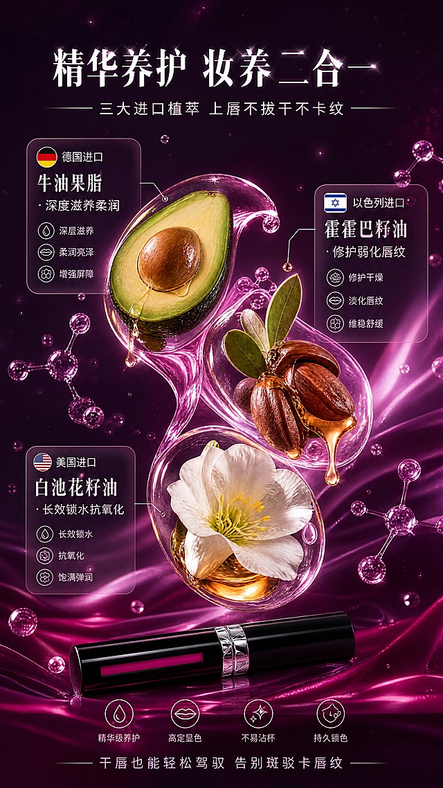 [商品] 成分功效专页，以成分原料展示为主，不强制垫产品图；可融入【图6】【图7】【图8】【图9】的精华成分视觉元素作为参考风格。
[画面] 目标：展示精华养护配方三大进口植萃成分，突出妆养二合一。构图：中央三大成分原料大图呈三角布局，每种成分配来源国标识和功效说明。成分元素占画面60%以上，分子结构和精华液滴环绕。底部放置一支唇釉小图作为产品关联。前景：精华液滴和分子粒子；中景：三大原料主体；后景：深紫渐变背景带微光粒子。
[视觉] 套系策略：风格=高定红毯级商业美妆摄影，精致高级氛围感；标题字=优雅衬线粗体，高端奢华感；正文字=简洁现代无衬线体；主色=深紫玫红渐变；背景延展=基于深紫与玫红做流动绸缎质感、同色深浅层级、细腻珠光粒子；强调色=银白高光，仅用于小面积图标、引线、标签和轮廓光；标题色=纯白带珠光质感；正文色=浅粉紫；组件=圆角半透明信息卡、细线引线、圆形icon；光影=柔光环绕，成分原料清晰有质感，精华液滴通透。
[文字] 顶部主标题："精华养护 妆养二合一"，副标题："三大进口植萃 上唇不拔干不卡纹"。中部三大成分卡片：左上"德国牛油果脂·深度滋养柔润"，右上"以色列霍霍巴籽油·修护弱化唇纹"，下方"美国白池花籽油·长效锁水抗氧化"。底部小字："干唇也能轻松驾驭 告别斑驳卡唇纹"。
[规格] 图片比例9:16竖版，4K，负向提示：避免成分元素过小、文字蚂蚁字、医疗功效表述、虚假承诺、冷蓝背景。