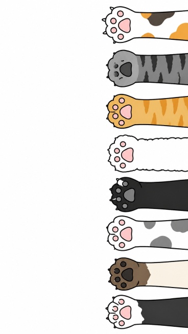 参考原图风格，重新生成竖版排列的多只不同花色猫咪爪子卡通插画，保持简约线条和干净白底风格预览效果