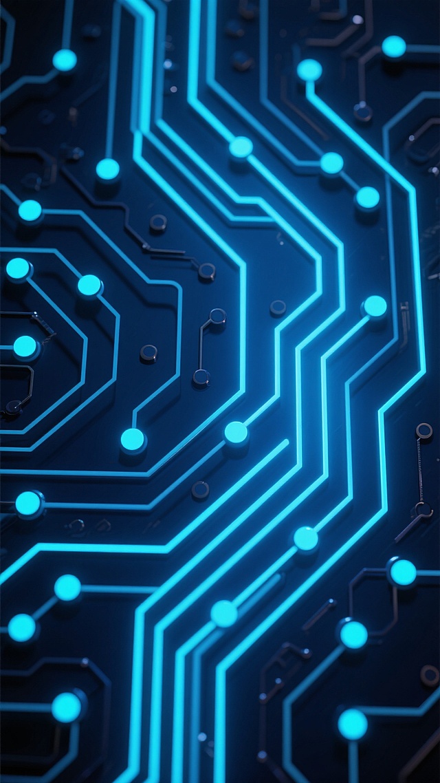 深蓝色背景上，以发光的蓝色线条构成的复杂电路板图案，线条呈现出流畅的曲线和几何连接，点缀着明亮的蓝色圆点作为连接点，整体呈现出科技感和未来感，光线从线条中透出，营造出深邃而神秘的电子氛围，电路板的布局交错有序，既有规律又充满变化，展现出精密的电子工程美学。