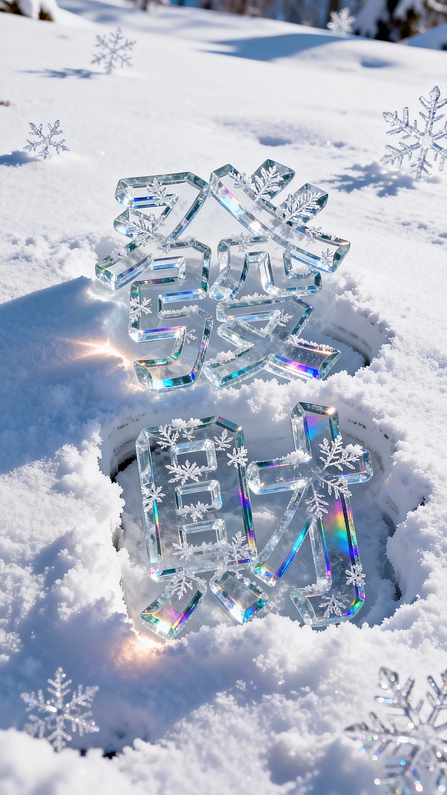 背景是皑皑白雪个别特写的雪花：前景是晶莹剔透“发财”蓬松雪花繁体字，冰雕雪花纹理描边，多层冰块玻璃质感叠加有一定厚度，重重的扎在松软白茫茫的雪地里，文字四周有深深的凹痕，有道光线照射在边缘上，文字折射出彩色光泽。画面清透明亮极致高清