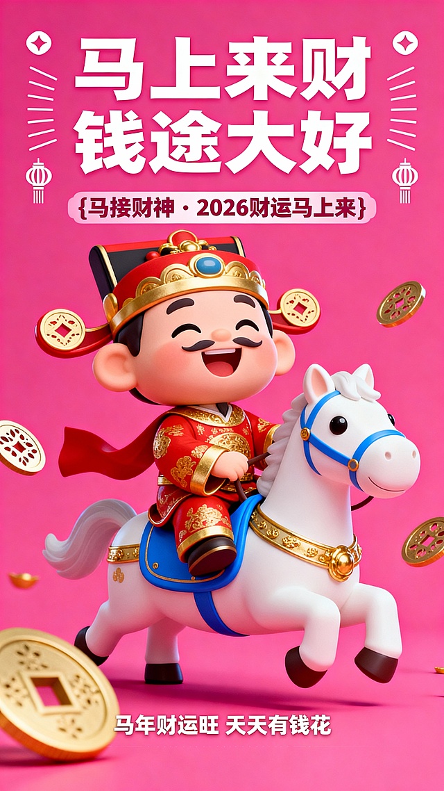软3D风卡通财神骑白马，国潮元素融合鎏金钱币，喜庆粉红背景，塑料质感渲染，寓意马年财运亨通，节日氛围浓厚。