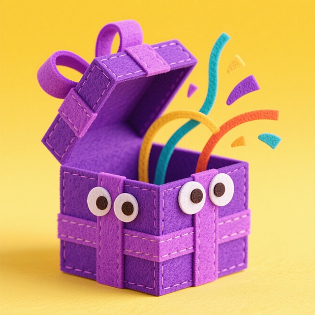 软3D风格的紫色毛毡礼盒，拟人化大眼睛萌趣十足，彩虹丝带跃出箱体，充满卡通感与趣味感，传递节日惊喜。