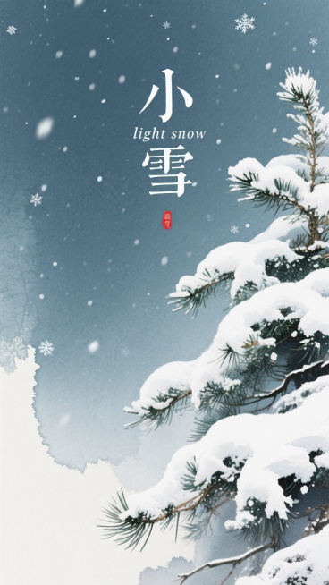 小雪海报，右侧有松树，树上落有积雪，天空飘着零星的雪花，背晕染水彩风格，创意晕染，禅意氛围，标题为极细字体“小雪”+英文“light snow”，居中排布，红色小印章点缀，东方美学预览效果