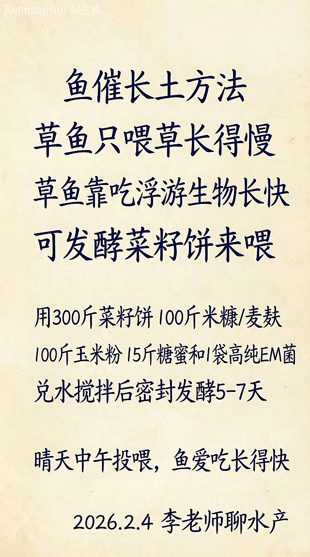 鱼催长土方法

草鱼只喂草长得慢
草鱼靠吃浮游生物长快
可发酵菜籽饼来喂
 
用300斤菜籽饼 100斤米糠/麦麸
100斤玉米粉 15斤糖蜜和1袋高纯EM菌
兑水搅拌后密封发酵5-7天
 
晴天中午投喂，鱼爱吃长得快
2026.2.4
李老师聊水产                                                                                                          
     参照图片字体和颜色，用上面内容替换生成新的内容，要求排版布局合理，一字不差。
