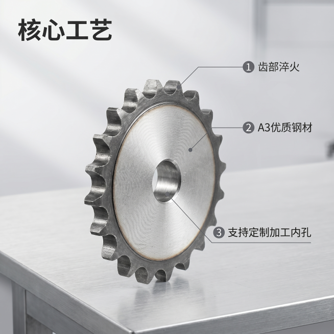 [主图 2] 单排链轮核心卖点展示图。
[氛围风格] 高级硬核机械风，专业工业质感。
[画质] 商业摄影质感、光线明暗层次清晰、产品细节真实清晰、画面干净高级。
[元素] 单排链轮产品斜向放置在浅灰色预览效果