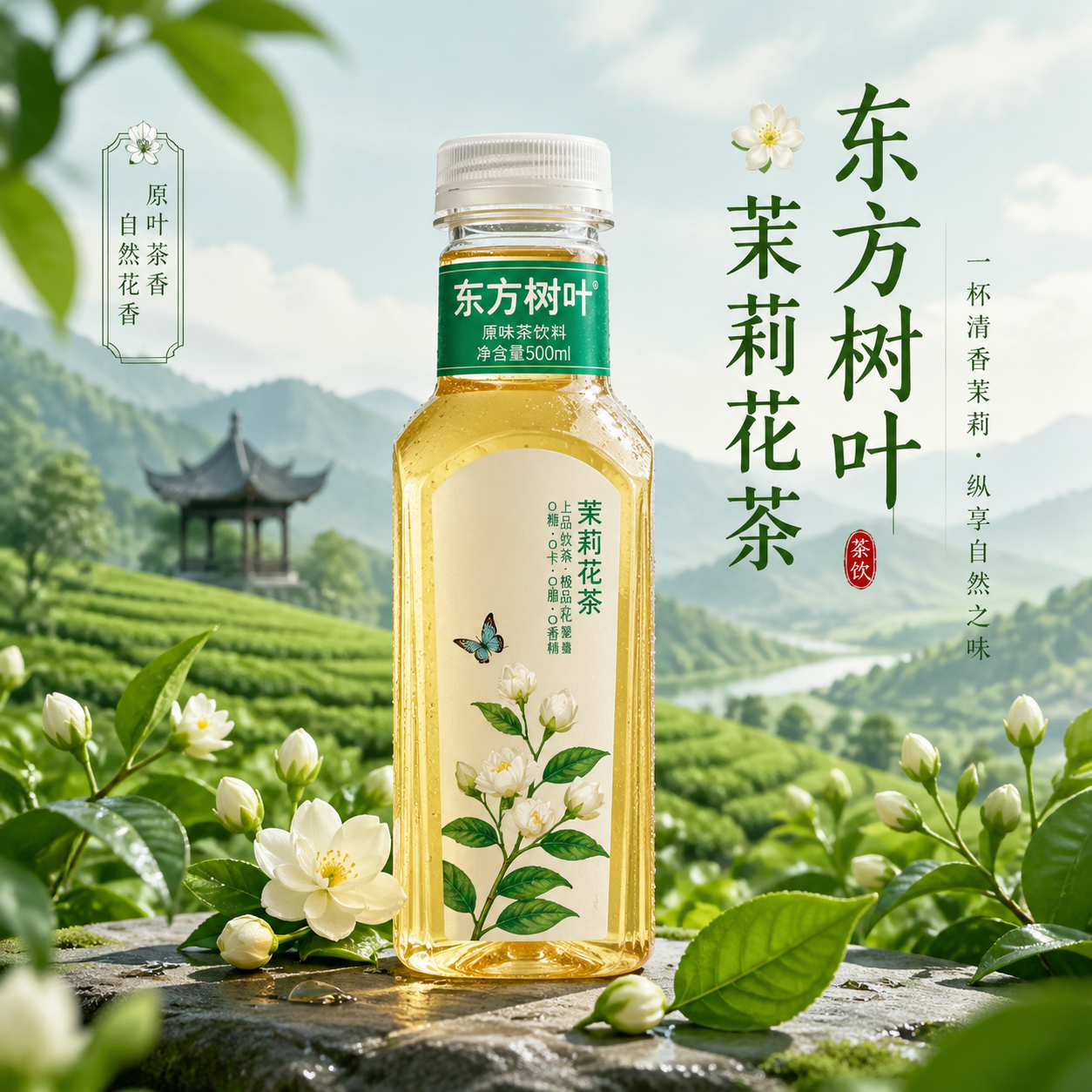 一张东方树叶茉莉花茶产品海报，国风清新风格，绿色清新茶田背景，… - 图片创意预览