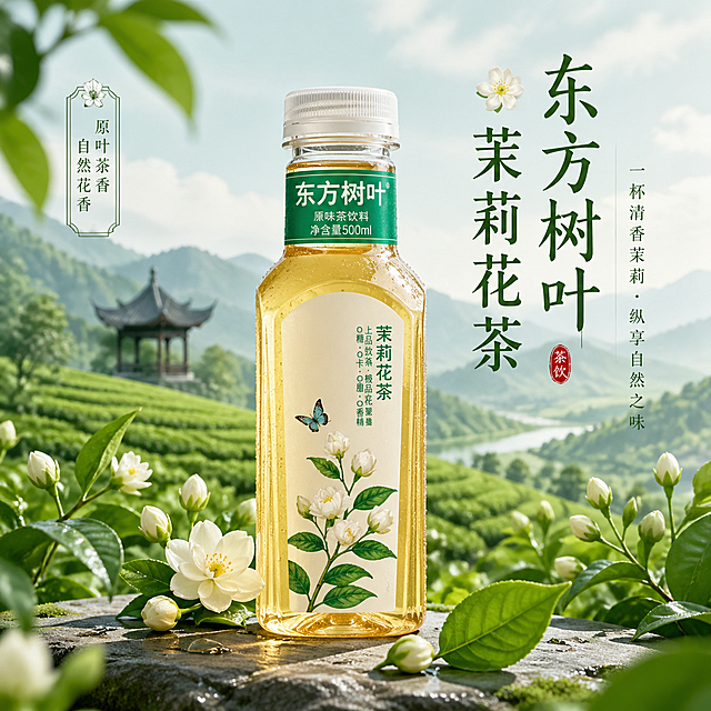 一张东方树叶茉莉花茶产品海报，国风清新风格，绿色清新茶田背景，画面中心展示东方树叶茉莉花茶瓶装饮品，旁边点缀新鲜茉莉花苞与茶叶，画面中添加文案"东方树叶 茉莉花茶"，整体色调清新自然，氛围感十足