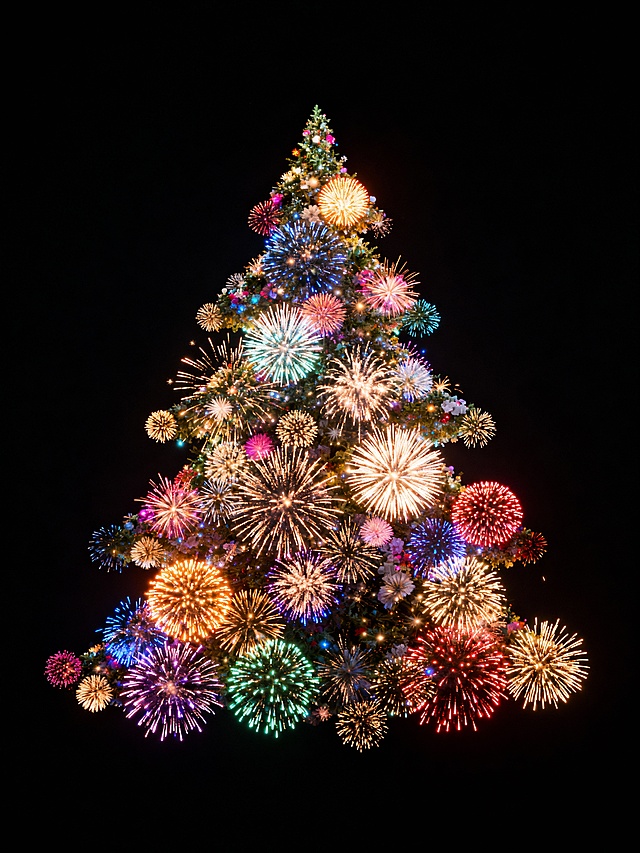 3D风格圣诞树，融合霓虹灯与粒子烟花，光影交错，营造梦幻酷炫的节日氛围，充满喜庆与体积感的虚拟现实视觉盛宴。