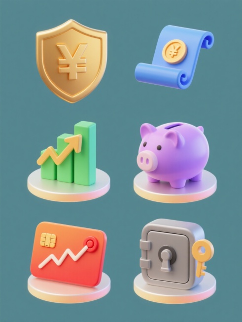 一组6个完全不同的金融元素系列素材集合，每个元素均采用相同的3D立体图标风格，具有光滑的渐变色彩、清晰的边缘高光、微妙的阴影投射和底部圆形光晕底座，整体排布规整有序，元素包括金色盾牌配日元符号与蓝色卷轴、绿色柱状图与上升箭头、紫色存钱罐与硬币、橙色信用卡与芯片图案、红色折线图与目标标记、灰色保险箱与钥匙，所有元素均置于纯色背景上，保持金融类目的专业性与一致性，画面整体色彩统一变换为协调的色系，……预览效果