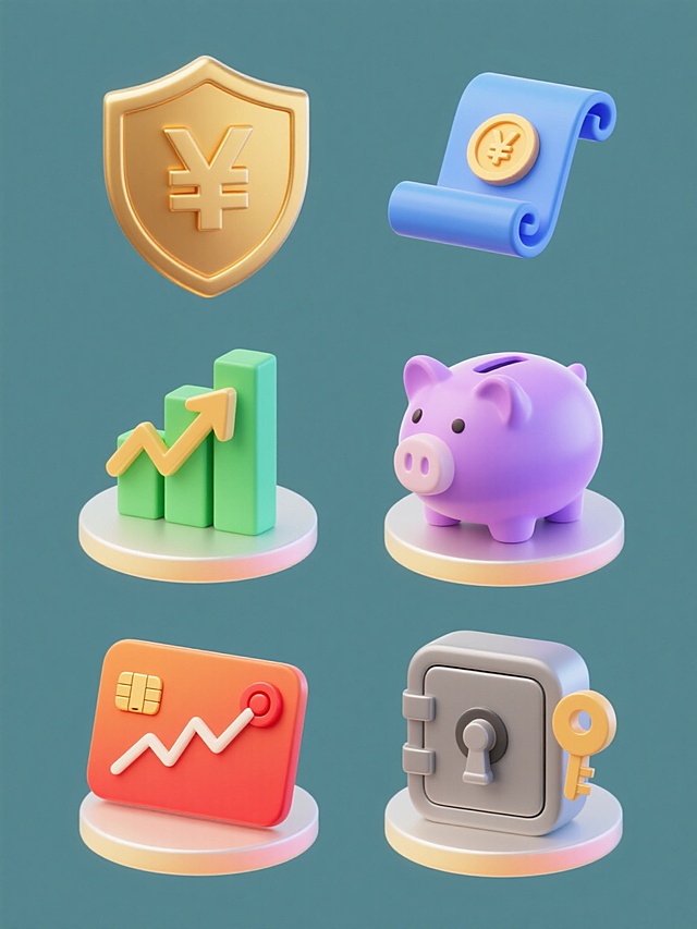 一组6个完全不同的金融元素系列素材集合，每个元素均采用相同的3D立体图标风格，具有光滑的渐变色彩、清晰的边缘高光、微妙的阴影投射和底部圆形光晕底座，整体排布规整有序，元素包括金色盾牌配日元符号与蓝色卷轴、绿色柱状图与上升箭头、紫色存钱罐与硬币、橙色信用卡与芯片图案、红色折线图与目标标记、灰色保险箱与钥匙，所有元素均置于纯色背景上，保持金融类目的专业性与一致性，画面整体色彩统一变换为协调的色系，确保风格统一且每个元素各具识别度。