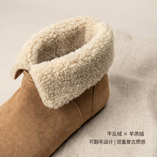 构图：鞋子局部特写（鞋面翻毛处+内里羊羔绒）

元素：背景为浅亚麻布纹理，右下角小字标注材质

文案：

“牛反绒 × 羊羔绒”

“可翻毛设计 | 双重复古质感”预览效果