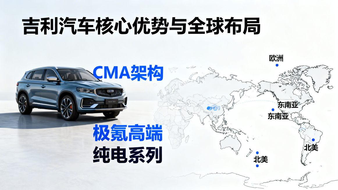 PPT页面，展示吉利汽车，突出CMA架构、极氪高端纯电系列，搭配全球化布局地图，商务风格，高清预览效果