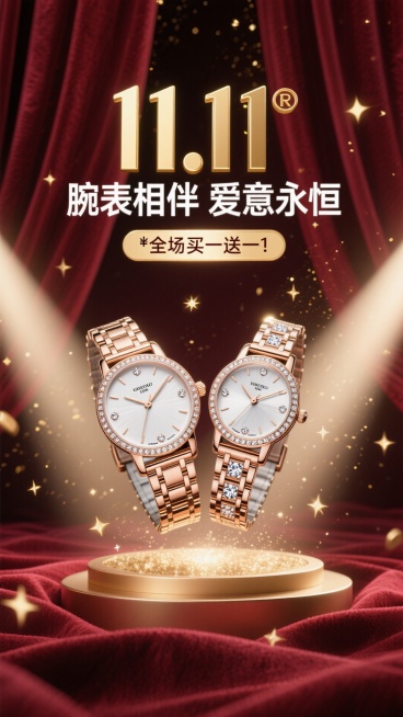 海报采用深邃的勃艮第酒红色背景，犹如天鹅绒幕布。画面中央，一道光束打下，聚焦于一对优雅交叉的男女款奢华腕表。表盘上的钻石与金属细节在光线下熠熠生辉，仿佛悬浮于璀璨星河之中。背景中若隐若现的金色光斑，如预览效果