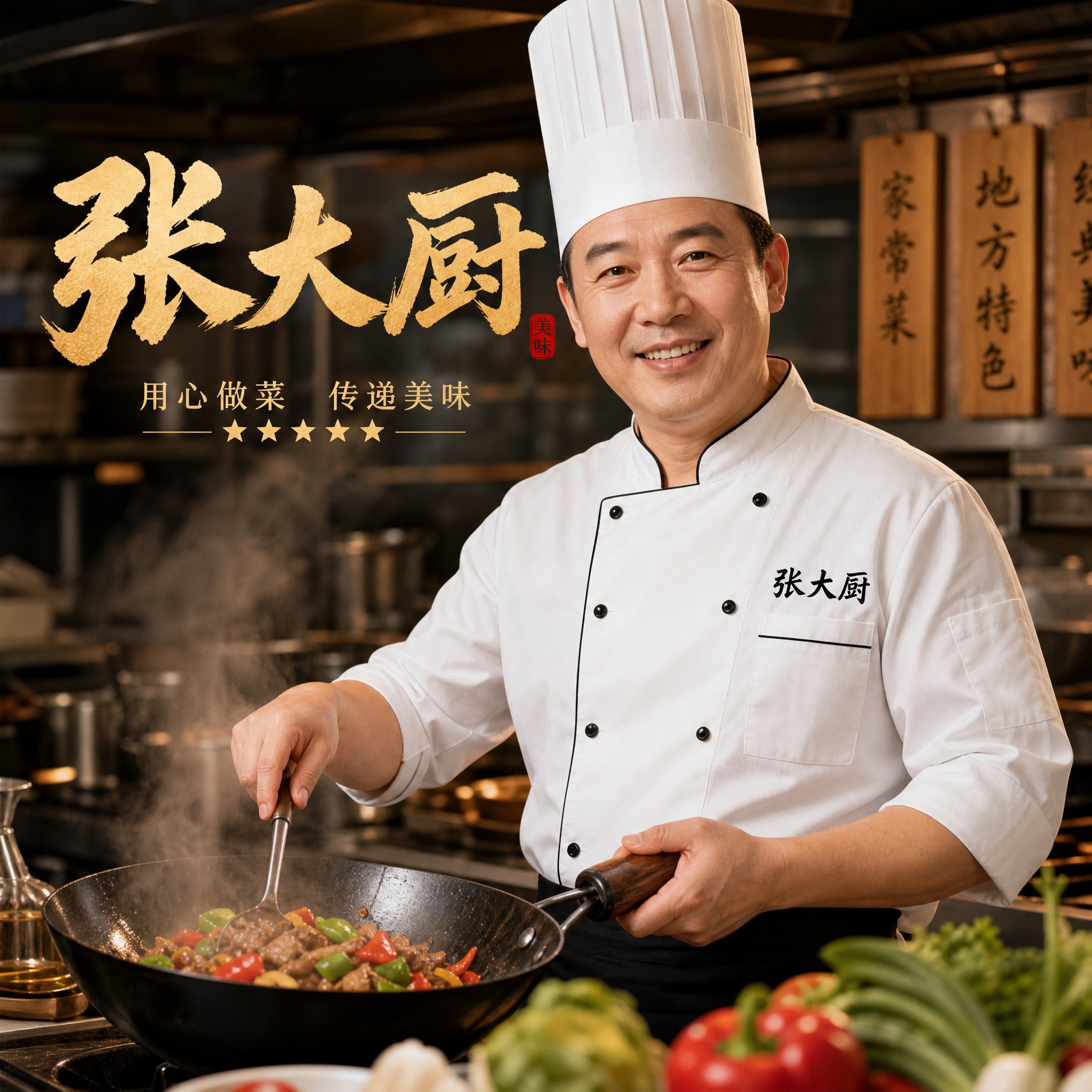 写实风格头像设计，店名"张大厨"，画面中央是一位中年男厨师形象… - 图片创意预览