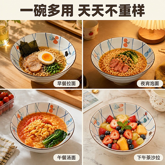 [主图-5] 斗笠碗多场景使用宫格图 场景丰富
[氛围风格] 日系生活感 温馨治愈 多场景展示
[画质] 生活摄影质感 每张小图光线自然 产品清晰 风格统一
[元素] 画面分为四个等大宫格 2x2布局 每格展示一个使用场景 左上格 早餐场景 碗里装着日式拉面 配溏心蛋和海苔 原木餐桌 阳光洒入 右上格 夜宵场景 碗里装着泡面 配香肠和青菜 暖黄台灯 温馨氛围 左下格 午餐场景 碗里装着番茄鸡蛋面 配青菜 明亮厨房台面 右下格 下午茶场景 碗里装着水果沙拉 配草莓和蓝莓 白色大理石桌面 四个场景中的碗都是同款手绘蓝格蝴蝶结斗笠碗 保持外观与输入产品图绝对一致 每张图风格统一 光影协调 画面满屏无边框 宫格之间用细白线分隔
[光影] 整体暖调自然光 左上左下明亮日光 右上暖黄台灯光 右下柔和窗边光 统一暖调 每张图光影自然 陶瓷质感真实
[配色] 主色暖白与原木棕 辅色食物的丰富色彩 产品蓝与橙点缀 整体温馨有食欲
[视角构图] 2x2宫格构图 每格都是45度俯视 角度统一 产品在每格中居中 视觉均衡
[文字版式] 顶部通栏大标题 粗黑体居中 写 一碗多用 天天不重样 每个宫格右下角有小标签 左上 早餐拉面 右上 夜宵泡面 左下 午餐汤面 右下 下午茶沙拉 标签为圆角半透明白底 深棕字 字体可爱圆润 文字清晰 不遮挡碗主体
[输出要求] 1:1比例 文字清晰锐利 超高清生活摄影质感
[负向提示词] 变形 文字错乱 产品模糊 背景杂乱 水印 电商Logo 碗图案不一致 风格不统一