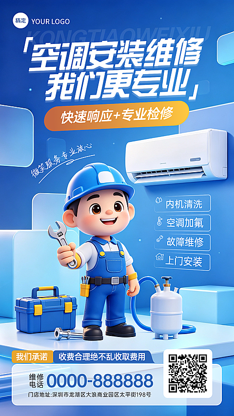创意蓝色卡通立体空调维修宣传海报