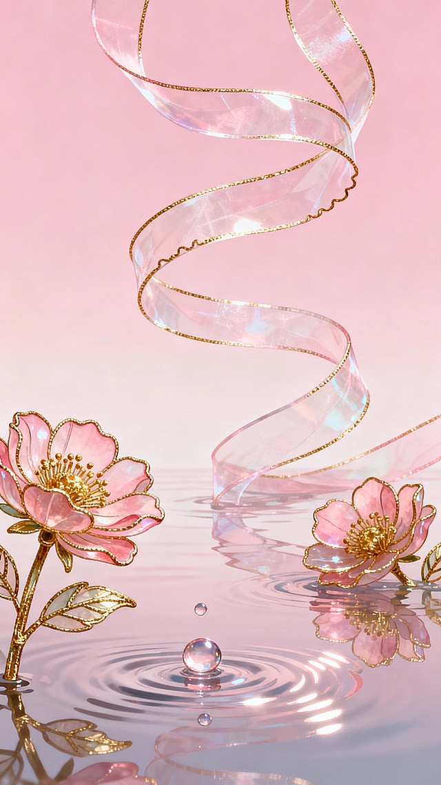 柔和的粉色渐变背景，画面中央有透明飘逸的掐丝珐琅丝带以优雅的曲线环绕，丝带边缘有精致的金色掐丝线条勾勒，呈现出半透明的珐琅质感；左下角和右下角各有一朵盛开的掐丝珐琅花朵，花瓣以粉色珐琅填充，花蕊点缀金色掐丝，花茎和叶子也由金色掐丝构成，叶片上有细腻的纹理；水面平静如镜，倒映着丝带和花朵的影子，水面上有几颗晶莹的珐琅水珠，水珠周围泛起一圈圈涟漪，整体画面营造出轻盈、梦幻、精致的氛围，光影柔和，高光处有细腻的光泽感，整体风格保持一致的柔和粉色调与掐丝珐琅的精致工艺感。