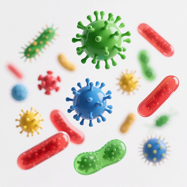 3D渲染风格的微生物集合，多种形态的病毒和细菌在纯白色背景上悬浮，主要病毒呈球形，带有绿色、蓝色、黄色、红色等鲜艳色彩，表面有突出的刺突结构，细菌为长条形，呈现红色和绿色，整体具有光滑的半透明质感和清晰的高光阴影效果，光影柔和，立体感强，各微生物大小不一、分布错落有致，色彩明快且对比鲜明，营造出科学、微观、生动的视觉效果。