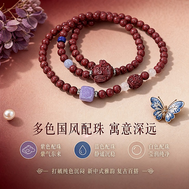 [主图-4] 国风配色卖点 多色点缀 寓意深远
[统一基调] 高级渐变酒红到裸粉色背景，带细腻纸质感肌理，国风高级珠宝摄影风格，柔光箱主光+侧方轮廓光，整体色调温暖雅致，字体使用纤细宋体类国风字体，标题字色为深酒红色，辅助文字为米金色，图标采用简约线性国风图标。
[画面] 紫金砂招财猫平安转运珠双圈手串特写展示，画面中心偏上位置，重点展示配珠细节：紫色方珠、蓝色隔珠、白色圆珠，以及招财猫雕刻坠饰和回纹珠，产品外观、颜色、结构与输入图完全一致。手串呈优雅弧形摆放。背景为酒红到裸粉的高级渐变纸质感背景。画面四周点缀：左上角一朵小型干制紫色绣球花，右下角一枚蓝色珐琅彩小蝴蝶配饰，左下角一颗白色珍珠，呼应三色配珠主题。
[光影质感] 微距珠宝摄影质感，柔光细腻，各配珠材质表现清晰：紫色方珠温润如玉，蓝色隔珠深邃静谧，白色圆珠通透莹润，朱砂底色深沉雅致，各色配珠与朱砂形成和谐对比。
[配色] 背景：酒红→裸粉高级渐变+纸质感肌理；主文字：深酒红色；辅助文字：米金色；图标：三色对应（紫/蓝/白）线性图标。
[文字版式] 画面下方文字区，居中排列：顶部大标题"多色国风配珠 寓意深远"；下方三列并排，每列配一个小圆图标+文字：左列紫色云朵图标+"紫色配珠 紫气东来"；中列蓝色水滴图标+"蓝色配珠 静谧沉稳"；右列白色圆珠图标+"白色配珠 莹润纯净"。底部一行小字"打破纯色沉闷 新中式雅韵 复古百搭"。
[输出要求] 1:1正方形构图，2K分辨率，产品细节清晰，文字清晰可读。负向：变形、错字、模糊、杂乱、水印、平台Logo、产品外观改变、配珠颜色偏差。