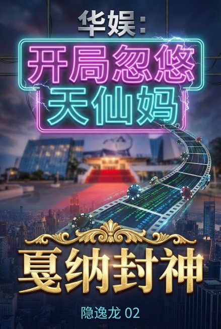制作都市娱乐小说封面，背景是朦胧的戛纳夜景与繁华都市的融合，远处有电影宫的轮廓和红毯的虚影。顶层是冷峻不锈钢质感的“华娱：”字体；核心层是全封面最大最亮的老式霓虹灯管造型的“开局忽悠天仙妈”字体，灯管预览效果