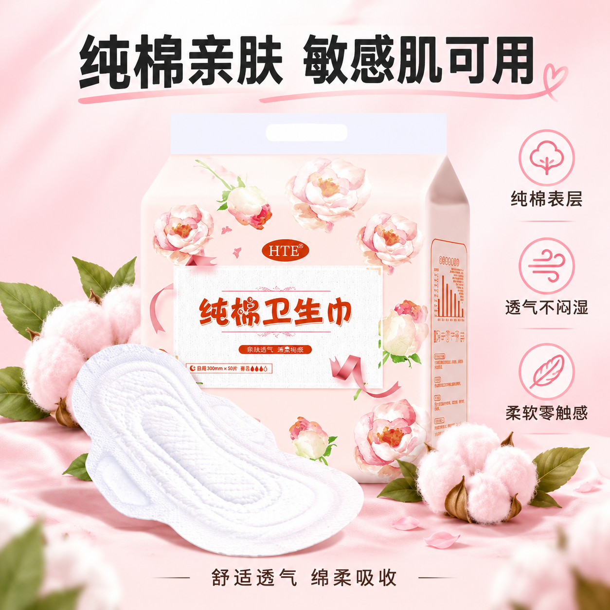 拼多多爆款卫生巾主图第3张，纯棉材质卖点图。画面中央放置HTE… - 图片创意预览