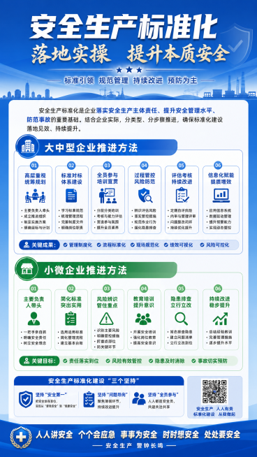 竖版安全生产标准化落地实操宣传展板，蓝色政务风格，分大中型企业和小微企业推进方法，内容清晰易读，适合企业安全宣传使用预览效果