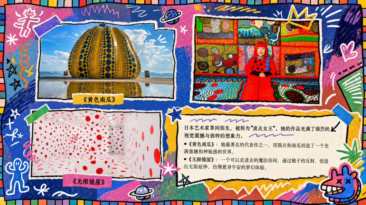 参考图片1的涂鸦拼贴风格，重新绘制图片2，保留图片2的文字内容和作品信息，整体风格采用图片1的撞色涂鸦拼贴设计预览效果
