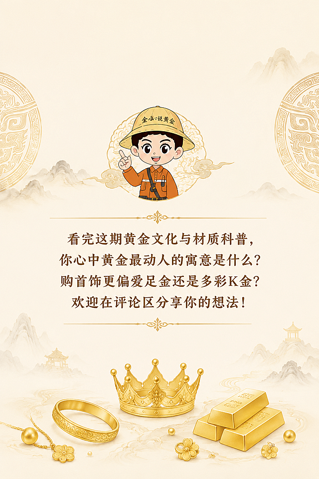 [第8屏] 总结互动页-金小六讲故事第五期结尾页。延续参考图整体设计风格。
[氛围/风格] 简约收尾，互动感，浅金简约排版风格，整体干净雅致。
[元素布局] 顶部留白，中部放置金小六互动文案，底部搭配金冠、婚嫁金饰、彩金、金条小型剪影装饰，排版简约不拥挤。
[光影质感] 整体光线均匀柔和，文字清晰通透，剪影点缀若隐若现，不抢文案焦点。
[配色色系] 全局底色#F7F0E3，主色调暖金棕，文字深棕色，剪影浅金色。
[视角构图] 竖版居中排版，符合移动端收尾页阅读习惯，留白舒适。
[文字版式] 中部互动文案："看完这期黄金文化与材质科普，你心中黄金最动人的寓意是什么？购首饰更偏爱足金还是多彩K金？欢迎在评论区分享你的想法！"，清晰宋体居中排版，字号适中适配移动端阅读。
[比例分辨率] 2:3竖版比例，4K分辨率，文字清晰可辨，高清画质。
[负向提示词] 文字错乱，文字过小，元素拥挤，颜色偏差，水印，变形