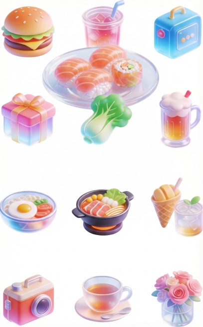 「图片1」帮我按照这个风格设计各种食物的图标，大概帮我设计 10 个预览效果