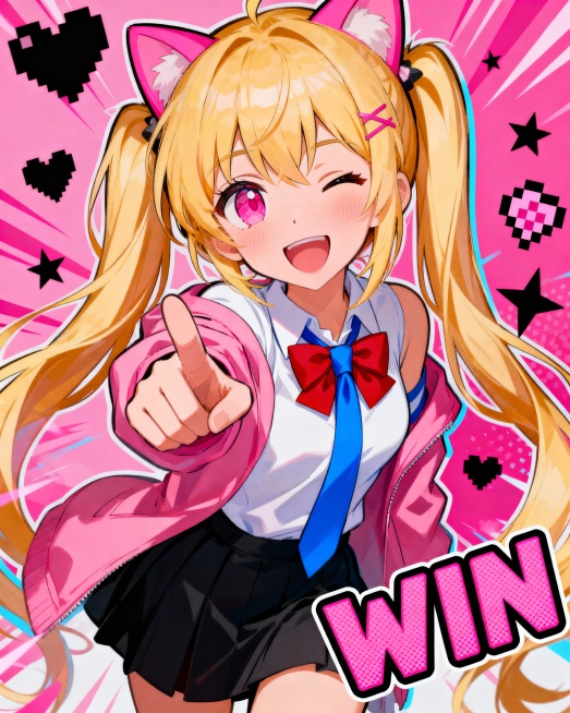 二次元动漫风格人像，金发双马尾少女，头戴粉色猫耳发饰，粉色眼眸，嘴角上扬露出开心笑容，左眼微微眯起，身着白色上衣搭配蓝色领带和粉色外套，胸前系着红色蝴蝶结，黑色短裙，右手伸出指向观者，背景为粉色为主色预览效果