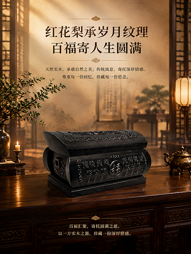 [商品] 使用【图1】百福红花梨实木骨灰盒斜侧角度；严格保留原图的深黑色实木颜色、棺形轮廓、百福雕刻纹样、福字浮雕、天地盖结构、底座造型；商品处理：颜色必须与原图一致，为深黑色实木，不得偏红、偏棕、偏褐色；增强黑色木纹质感与雕刻细节清晰度，强化实木厚重感，严禁改变产品颜色。
[画面] 目标：尾屏情感升华页，收束全文，传递思念与祝福。构图：产品居中偏下，占画面约40%，上方大面积留白放主题文案，底部放收尾短句。景别：中远景，产品置于深远的中式空间中。前中后景：前景深色实木桌案，中景骨灰盒主体，后景深远的中式厅堂，书法卷轴、古灯、绿植层层递进，营造悠远深邃的空间感。场景：中式古典厅堂，暖黄色光晕笼罩，光影柔和朦胧，氛围庄重温暖又富有诗意。
[视觉] 套系策略：风格=新中式传统庄重商业摄影；标题字=宋体/衬线粗体，端庄大气；正文字=简洁宋体/细黑体，易读；主色=深黑实木+暖米黄；背景延展=基于暖米黄做深浅层级、同色渐变、宣纸质感墙面；强调色=暗金色，仅用于小面积装饰线条、序号图标、重点文字高亮；标题色=深棕黑；正文色=深暖灰；组件=细线分割、中式纹样装饰边框、装饰性分割线；光影=顶部暖光漫射，产品受光均匀，整体氛围温暖祥和，产品颜色保持深黑色不变。
[文字] 上方居中主标题「红花梨承岁月纹理」，下一行「百福寄人生圆满」，再下方配说明文字：「天然实木，承载自然之美；传统寓意，寄托深厚情感。尊重每一份回忆，珍藏每一份思念。」底部居中收尾：「百福汇聚，寄托圆满之愿。以一方实木之器，珍藏一份深厚情感。」文字全部横向排版，居中对齐，层级分明。
[规格] 图片比例3:4竖版，4K分辨率，负向提示：避免产品颜色变红变棕、变形、错字、文字过小、冷蓝/冷灰背景、产品颜色改变、结构失真、现代简约元素、卡通风格、竖排文字、产品偏色、红褐色、红木色。