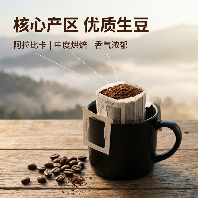 [主图 2] 挂耳咖啡核心原料展示
[氛围/风格] 山间晨雾氛围，自然商业摄影，真实通透质感。
[画面元素] 打开的挂耳咖啡包挂在黑色咖啡杯边缘，新鲜咖啡粉展露出来，几颗完整的阿拉比卡咖啡豆散落在木质预览效果