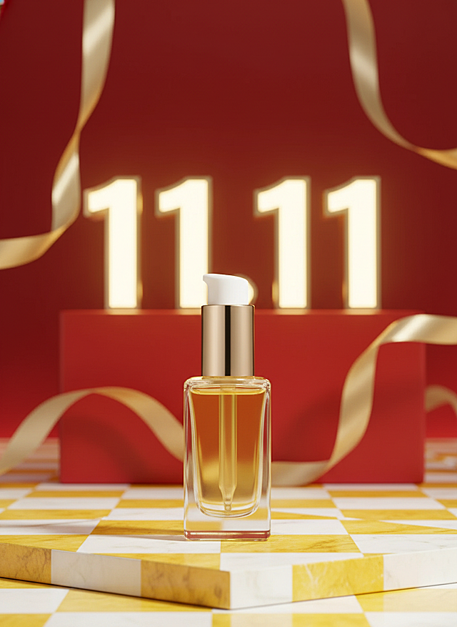 商品置于黄白相间的格子上，背景装饰着金色丝带与“11.11”数字透光立牌，整体以红、金为主色调，营造出精致且富有质感的氛围。