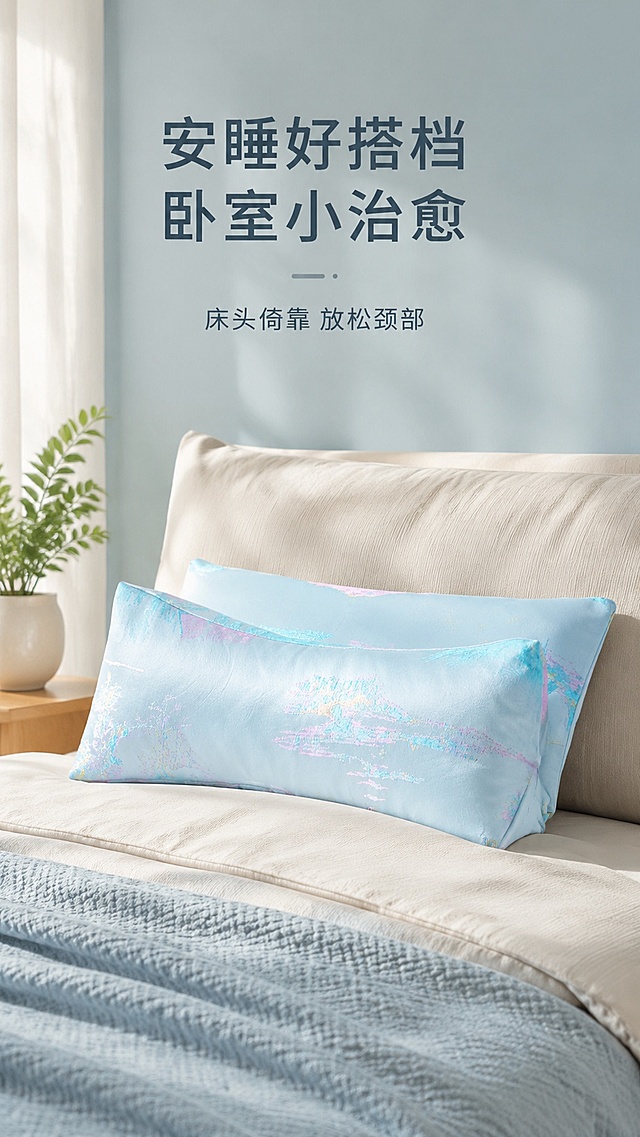 [第2屏] 卧室场景种草-浅蓝提花颈椎枕床头使用场景。本屏使用【图1】作为商品主体。
[氛围/风格] 沉浸式温馨卧室场景，暖柔自然光，治愈氛围感，真实家居质感。
[元素布局] 颈椎枕放置于浅色布艺床头靠垫上，背景搭配纯色棉麻床单和一盆小型绿植，墙面为浅雾霾蓝色；产品结构、颜色、纹理与输入图一致，融入场景自然不突兀。
[光影质感] 清晨窗边侧逆光，形成柔和轮廓光，产品表面过渡自然，场景整体通透温馨。
[配色色系] 全局底色延续浅冰蓝体系，主色浅蓝产品，辅助色米白床品，浅绿植物点缀。
[视角构图] 平视视角，景深适中，产品位于画面黄金分割点，阅读动线从上到下自然流畅。
[文字版式] 上方标题「安睡好搭档 卧室小治愈」，下方短句说明「床头倚靠 放松颈部」，字体干净利落，文字不遮挡产品核心部位。
[比例分辨率] 9:16 竖版比例，4K分辨率，文字清晰可辨，高清画质。
[负向提示词] 产品变形，颜色偏差，场景杂乱，文字遮挡主体，水印，文字错乱