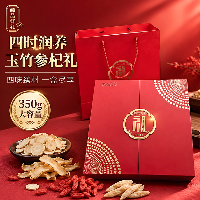 [主图-1] 首图点击率 高端滋补礼盒展示 突出四时润养玉竹参杞礼礼盒整体与送礼价值感
[统一基调] 国风喜庆高端风格 背景主色中国红渐变 标题字色烫金 辅助字色米白 强调色金色 字体为厚重宋体+细黑体组合 卡片用金色细描边圆形印章元素 整体传递高端礼赠品质感
[画面] 画面中央偏右展示红色双开礼盒完整外观 礼盒正面金色福字徽章清晰 礼盒左后方搭配同色系红色礼袋 礼盒前方散落少量西洋参片 枸杞 麦冬 玉竹片原料作为点缀 背景为柔和红色渐变光晕 左上角金色印章式Logo区域 主体占比约65% 视角为45度微俯视 产品外观颜色结构与输入图完全一致 红色礼盒质感细腻 金色徽章有金属光泽
[光影质感] 商业摄影质感 右上方主光柔和打亮礼盒正面 左侧辅光提亮礼袋 底部有自然接触阴影 金色徽章有高光反射 红色礼盒表面有细腻纹理质感
[配色] 主色中国红 辅助色金色 米白 背景红色渐变 原料保持自然原色
[文字版式] 左上角竖排金色印章 内文"臻品好礼" 左侧中部主标题"四时润养 玉竹参杞礼" 烫金粗宋体 字号大 主标题下方辅助文案"四味臻材 一盒尽享" 米白细黑体 字号为主标题50% 左下角金色圆形徽章标注"350g大容量" 文字均放在左侧负空间 不遮挡礼盒主体
[输出要求] 1:1比例 文字清晰可读 产品清晰完整 无变形 无错字 无水印 无平台Logo 禁止悬浮 禁止穿模