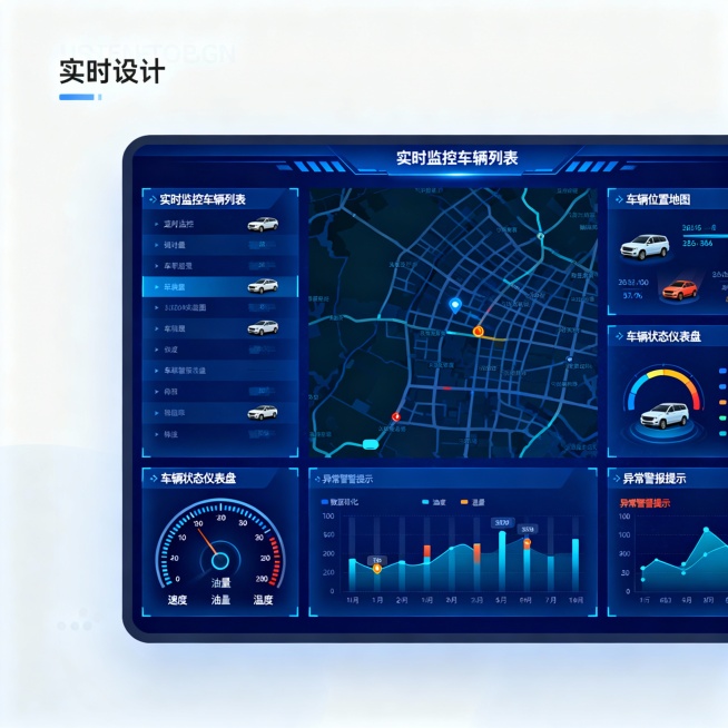 车辆监管系统设计图，界面包含实时监控车辆列表、车辆位置地图显示、车辆状态仪表盘（速度、油量、温度等数据）、异常警报提示区域，界面风格为科技感蓝色调，布局清晰，信息层级分明，带有数据可视化图表预览效果