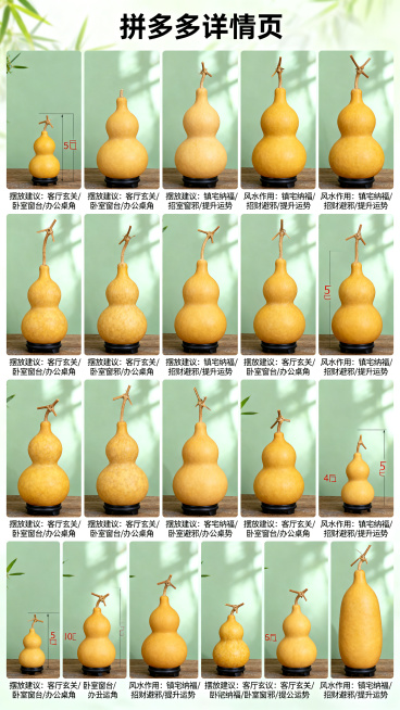 天然文玩葫芦摆件商品展示，天然黄色，无斑点，比例协调带短龙头藤蔓，从5厘米到60厘米每5厘米一个尺寸，共15张不同尺寸展示图，标注摆放建议与风水作用，拼多多电商详情页风格，自然清新预览效果