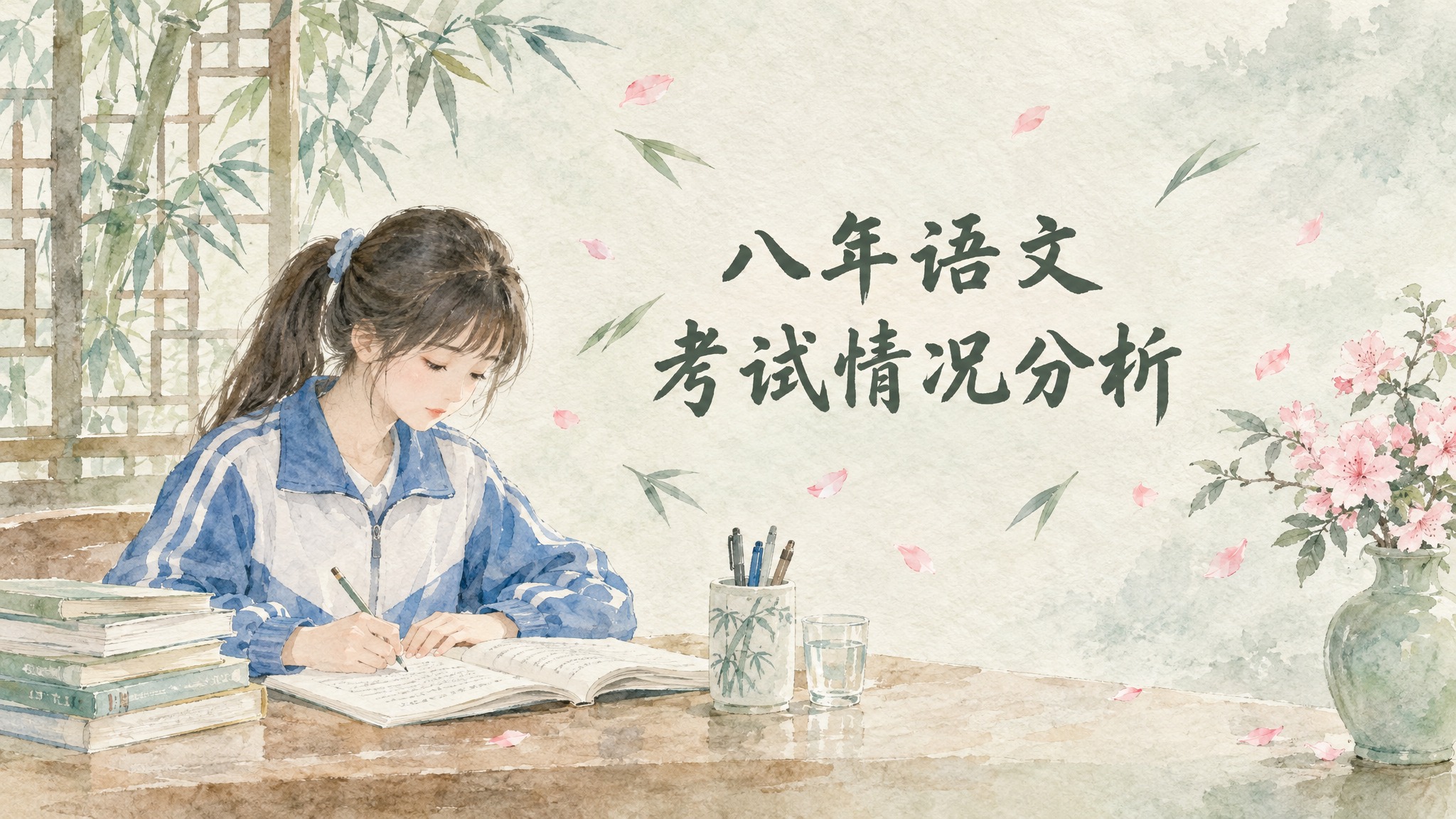 在文字"八年语文 考试情况分析"的周围空白处，添加少量散落的粉… - 图片创意预览