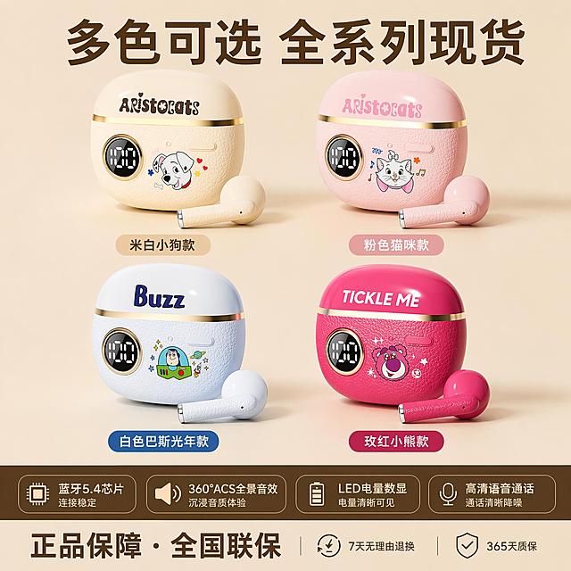 「图片1」「图片1」「图片1」「图片1」，生成电商主图（张），商品名称是真小巧特舒适，卖点是迪士尼正版授权，旗舰蓝牙V5.4高清语音通话LED电量显示，适配抖音平台，主图比例为1:1需要展示logo