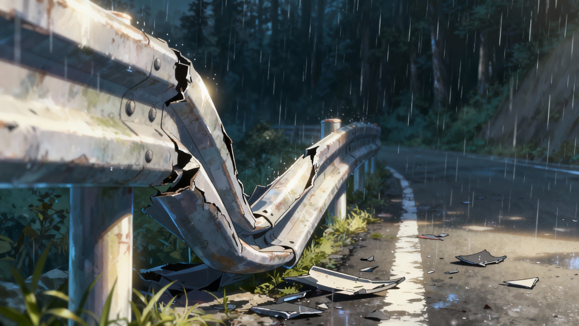 2D动漫风，Makoto Shinkai art style, 2D anime, close-up shot, broken metal guardrail, twisted metal, rain预览效果