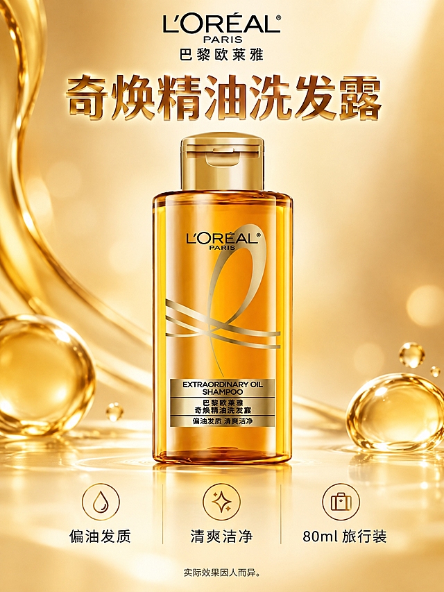 电商详情页第2张（奇焕精油洗发露介绍），3:4竖版，2K分辨率，与全套风格统一。顶部L'OREAL PARIS巴黎欧莱雅品牌Logo。上半部分主标题："奇焕精油洗发露"，统一轻立体字效。中部主体展示金色瓶80ml奇焕精油洗发露产品，严格还原原图瓶身比例、标签文字、颜色、透视，产品占比适中突出。下半部分说明区，文字取自包装原文分行排版："偏油发质\n清爽洁净\n80ml 旅行装"，常规清晰字体。底部效果提示："实际效果因人而异。"背景为暖金色浅渐变，侧前柔光，自然阴影。竖版排版层次分明，信息与产品对应准确。