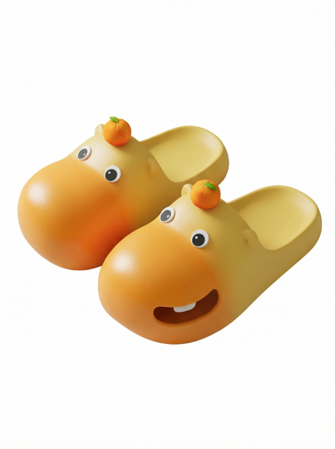 [Main Image 1] Pure white background #FFFFFF, a pair of 3D cute hippo orange slippers, the product a预览效果