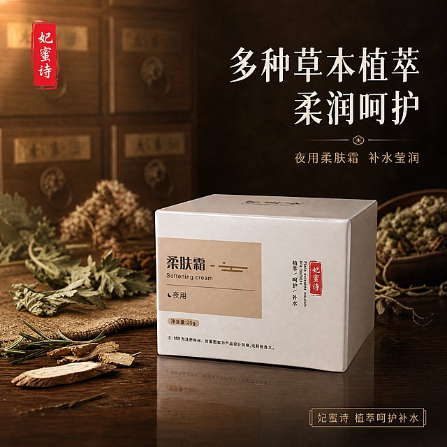 [主图-1] 首图品牌调性，棕色中药风草本植萃柔肤霜主视觉。
[统一基调] 整体风格为温润中药草本风，背景主色为深棕与暖棕渐变，点缀古朴中药柜、干草本植物、麻布纹理元素；标题字色为米白色，辅助字色为浅棕色，强调色为暗金色；字体为干净的非衬线体，字号层级分明；卡片和边框采用细金线与半透明深棕底样式。
[画面] 产品妃蜜诗柔肤霜白色方盒居中偏右，占画面约60%，正面朝向观众略偏左30度角，盒身文字和图案清晰完整保留；左侧背景为虚化的古朴中药柜抽屉纹理，柜前散落少量干草本植物（艾草、甘草、迷迭香等多种草本枝叶）和麻布垫；产品下方有柔和的倒影和接触阴影，放置在深棕色木质台面上；左上角放置妃蜜诗品牌红色印章式logo，保持原图样式。
[光影质感] 商业摄影质感，柔光从左上方打下来，产品正面受光均匀，侧面有自然明暗过渡，体现纸盒哑光质感；背景中药柜和草本植物有柔和虚化，突出主体；整体光线温润偏暖，营造中药草本养护氛围。
[配色] 主色深棕色、暖棕色，辅助色米白、暗金、浅棕，点缀少量草本绿色；语义色仅作点缀，不改变整体棕调主视觉。
[文字版式] 主标题位于画面右侧上方，大字米白色"多种草本植萃 柔润呵护"；副标题在主标题下方，较小字号浅棕色"夜用柔肤霜 补水莹润"；底部右侧有暗金色细线小卡片，写"妃蜜诗 植萃呵护补水"；文字均放在负空间，不遮挡产品主体。
[输出要求] 比例1:1，2048x2048，文字清晰可读，产品清晰不变形，无错字，无水印，无平台logo，画面干净有质感，禁止悬浮、穿模、边缘硬切。