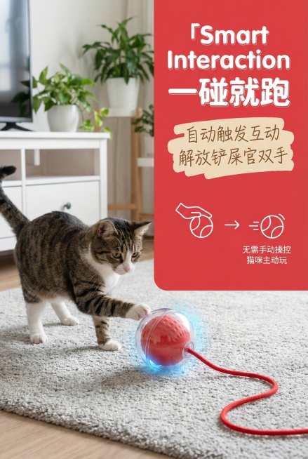 中文提示词
2:3 竖版，电商详情页卖点展示屏，杂志风左图右文排版，画面左侧是动态场景图：浅灰色地毯上，逗猫球被猫咪爪子触碰后向前滚动，球体发出柔和蓝光，猫咪弓着身子追逐，背景是白色电视柜 + 绿植点预览效果