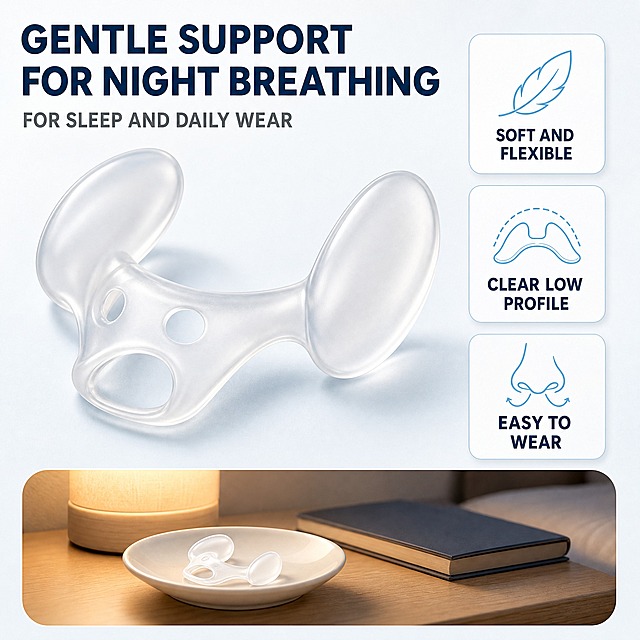 [主图-2] 商品名称「4 Pcs Silicone Nasal Dilators — Soft Clear Nose Vents for Nighttime Breathing Comfort and Daily Wear」。本张唯一任务：核心购买结论——柔软硅胶翼片贴合鼻腔、为夜间呼吸提供舒适支撑。
[统一基调] 清爽可信的个护信息图视觉：纯净白到极浅冰蓝白背景（#FFFFFF→#F1F7FA），透明偏乳白硅胶产品配深墨蓝标题（#103A5A）、中灰辅助文字（#6B7580）与清透水蓝强调（#3FA9D8）；单一几何无衬线粗体，仅以字号层级区分主副；卡片统一 16px 圆角白卡 + 1px 浅灰蓝描边，图标统一 2px 线性描边；左上 45° 柔光，透明硅胶呈清透高光与柔和折射，右下自然接触阴影。
[画面] 采用「产品主视觉 + 利益图标卡 + 真实语境小窗」骨架。左侧：透明硅胶鼻腔扩张器以 3/4 视角放大展示，两端柔性椭圆翼片与中央 U 形连接桥、桥身圆形透气孔结构清晰、清透高光；右侧自上而下三张 16px 圆角白卡，每卡一个 2px 水蓝线性图标 + 英文短标签；画面下缘一条圆角小窗作为语境组件：夜间卧室床头暖光弱场景，产品放在一只白色小陶瓷碟上，旁边有暖光台灯与一本合上的书（画面中无人、无手、无人脸）。
[光影质感] 商业摄影质感，左上柔光，硅胶呈半透光与清透高光，接触处有自然阴影，产品不悬浮、不穿模。
[配色] 沿用统一基调；下缘小窗允许暖黄灯光作为环境色，但不改变整页白底主色。
[文字版式] 主标题置左上两行，深墨蓝粗体大字 "GENTLE SUPPORT FOR NIGHT BREATHING"；其下一行中灰小字副标题 "FOR SLEEP AND DAILY WEAR"；三张白卡标签为深墨蓝小号粗体 "SOFT AND FLEXIBLE"、"CLEAR LOW PROFILE"、"EASY TO WEAR"；全图仅英文文案，禁止中文、错字。
[输出要求] 1:1 正方形；文字清晰不遮挡主体；负向：任何中文、尺寸数字、医疗器械或功效断言文字、Best/No.1 等绝对化词、水印、平台 Logo、品牌标志、变形、模糊、杂乱、手指与人体。