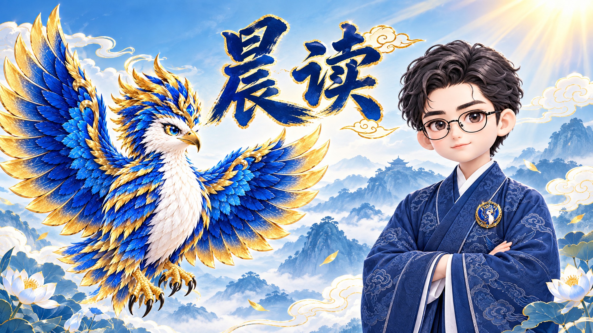 国风晨读宣传图，1080乘605像素。画面左侧是蓝金翅膀的雄鹰… - 图片创意预览