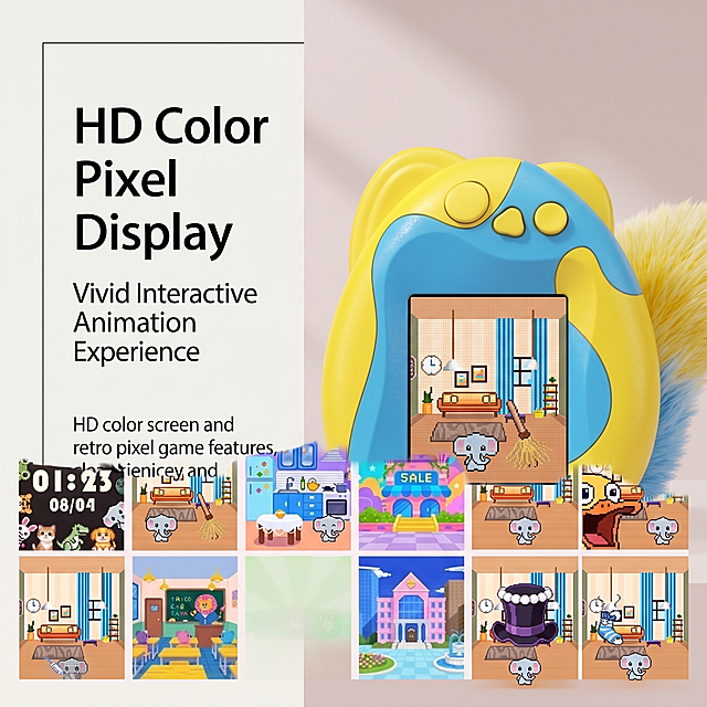 1:1 square composition, 8K high definition, fashion magazine typesetting, strictly restore product details and size 6.5cm×7.2cm×2.8cm. Close-up shooting of the pet machine color screen, clearly present the pixel-style interactive animation screen, restore the real screen display effect. Soft Macaron tone system, clean solid color gradient background, light shadow layering. Main title: "HD Color Pixel Display", subtitle: "Vivid Interactive Animation Experience". Left text + right product close-up layout, text area with minimalist border decoration, focus on highlighting the high-definition color screen and retro pixel game features, delicate and functional visual sense