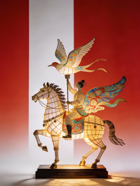画面中心大的马骑飞燕非遗造型，细腻清晰纹理，通体透光轻发光，无限细节，明暗对比，灵动独特造型，大师级工艺（工艺细节说明：马骑飞燕的工艺尽显中式传统造物的精巧灵动，是民间手工技艺的典型代表。其以细竹篾预览效果